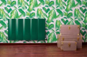 Bisque Lissett radiator green colour matched to wallpaper